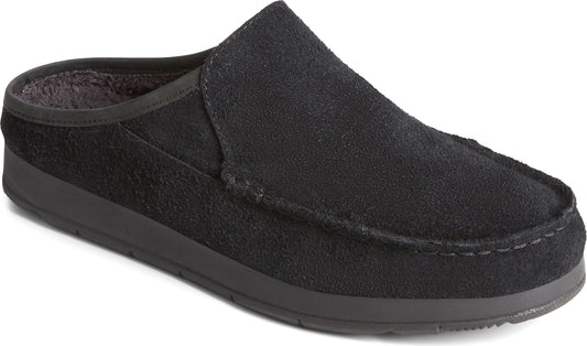 Black suede moccasin slipper with fur lining.
