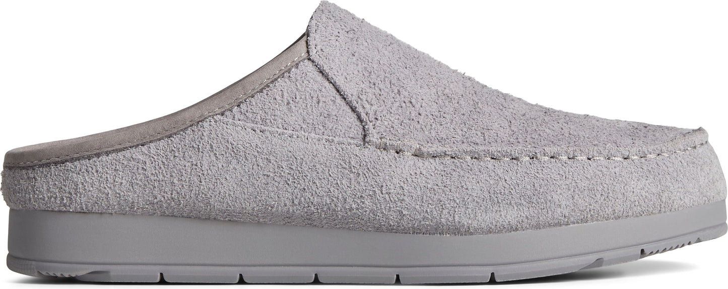 A gray slip-on shoe with a moccasin-style toe.