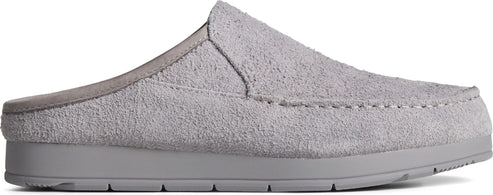 A gray slip-on shoe with a moccasin-style toe.