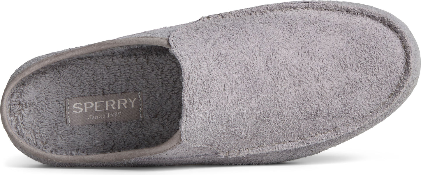 Gray slipper with visible 'SPERRY since 1935' label on the insole.