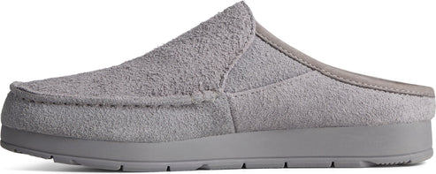 A gray, slip-on shoe with a suede-like upper and a moccasin-style toe.