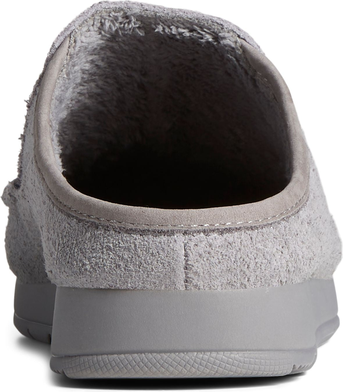A gray suede clog-style slipper with a faux fur lining, viewed from the back.