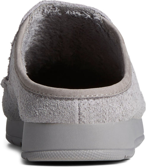 A gray suede clog-style slipper with a faux fur lining, viewed from the back.