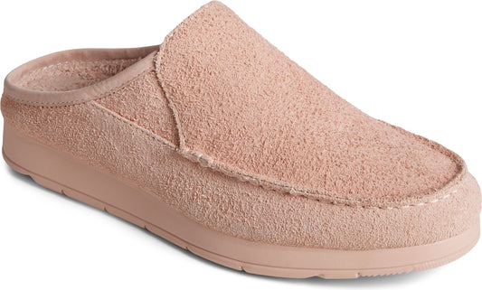 Pink suede mule slipper with visible stitching.