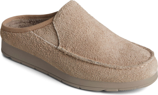 Tan suede clog with tan soles.