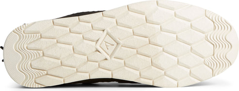 A white sole with a geometric pattern and a central diamond-shaped logo.
