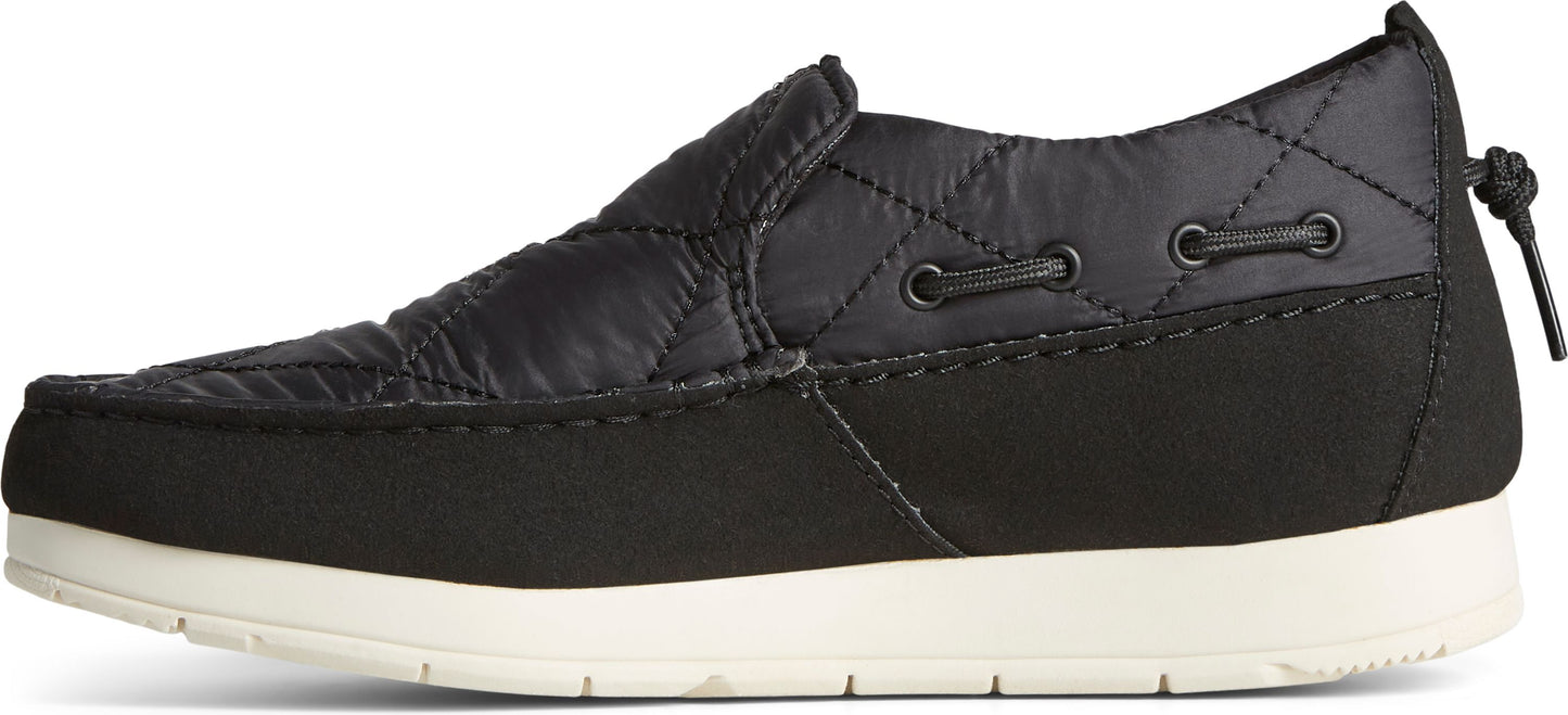 Black slip-on shoe with diamond stitching on the upper.