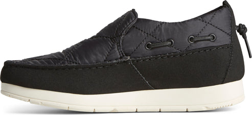 Black slip-on shoe with diamond stitching on the upper.