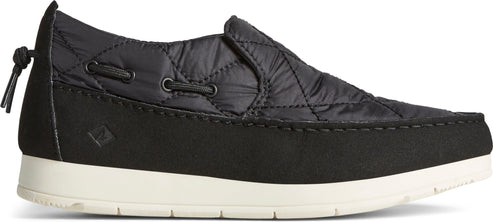 A black boat shoe with a quilted upper and white sole.