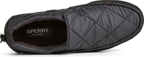A quilted black slip-on shoe with a black tag with "SPERRY Since 1935" written on it.