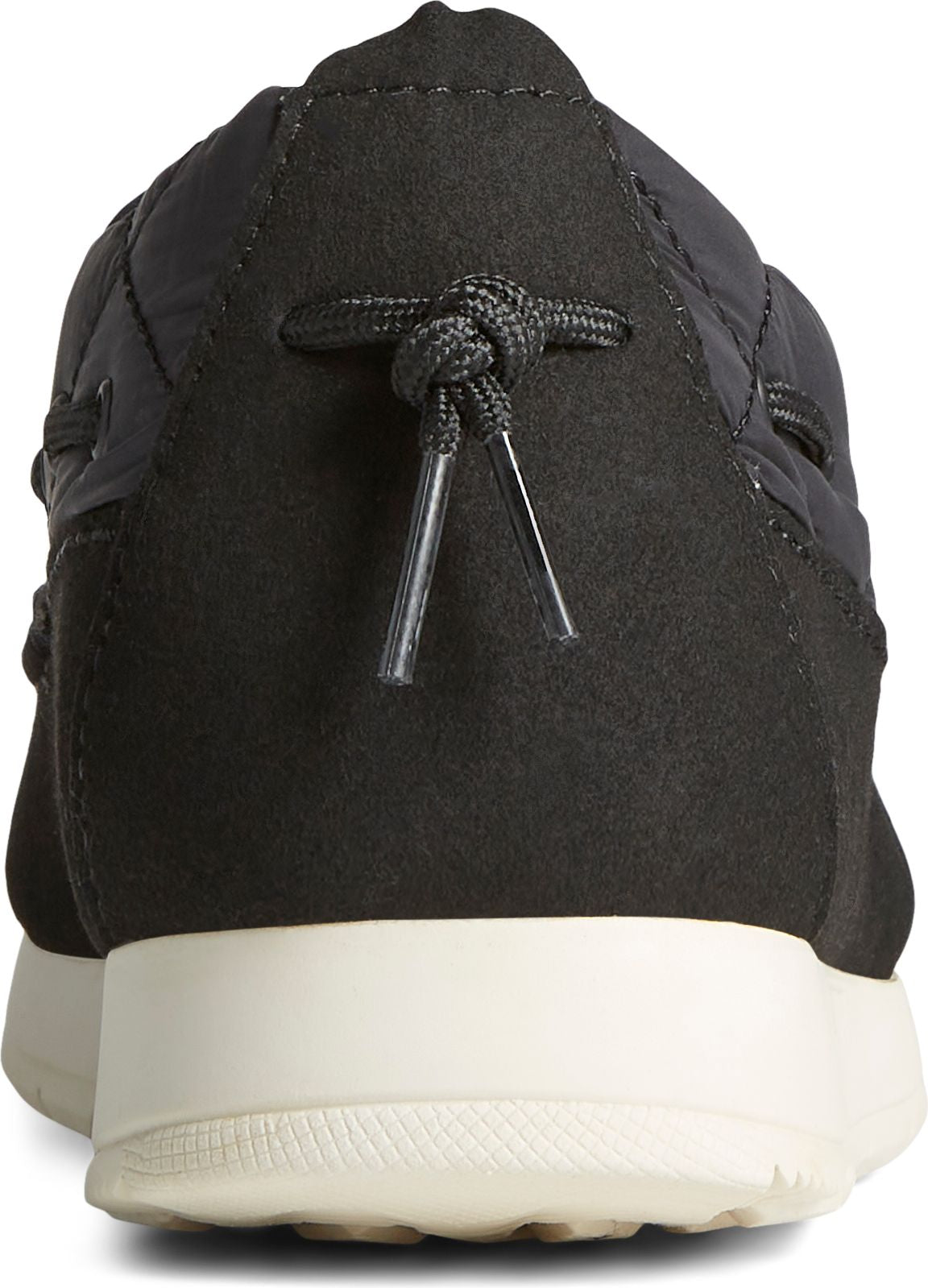 Back view of a black quilted suede shoe with knotted laces and a white sole.
