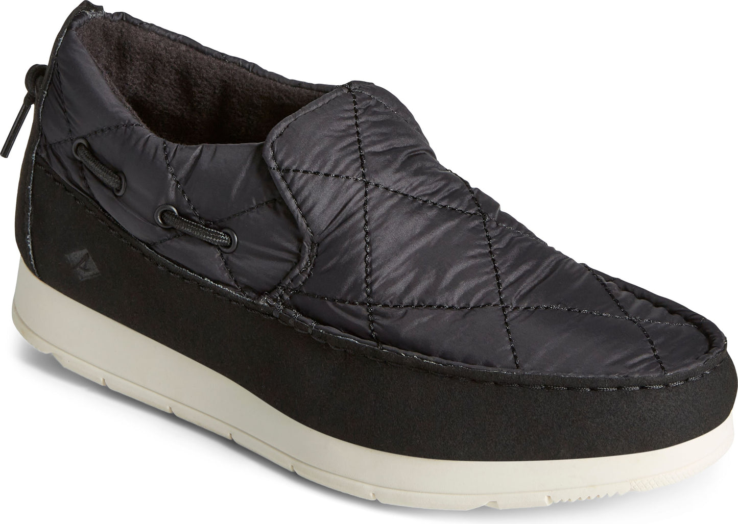 Black quilted slip-on shoe with a black sole, and white platform.