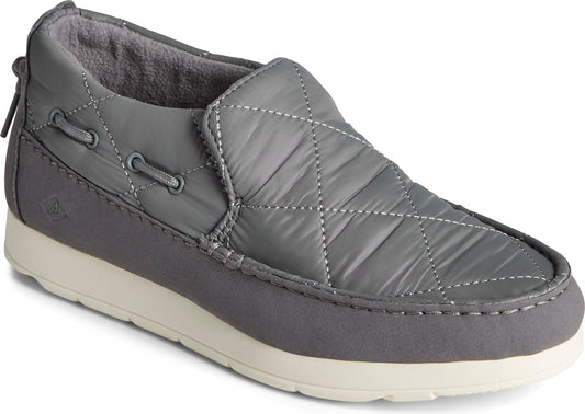Gray quilted slip-on loafer with faux laces and light sole.