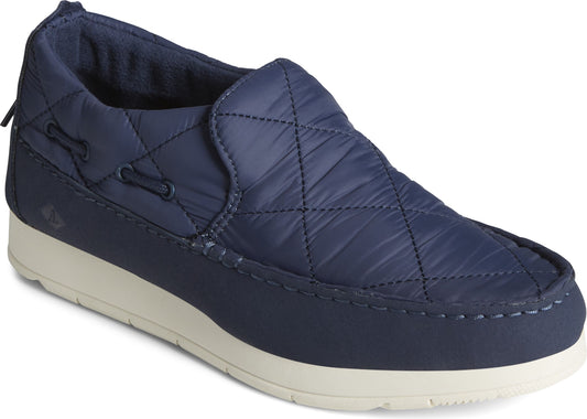 Navy-blue quilted slip-on sneaker with a faux boat shoe lace detail.