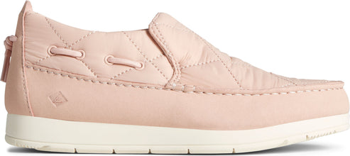 A salmon-colored puffy boat shoe with a white sole.