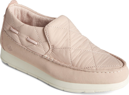 Light pink slip-on shoe with a quilted upper and a white sole.