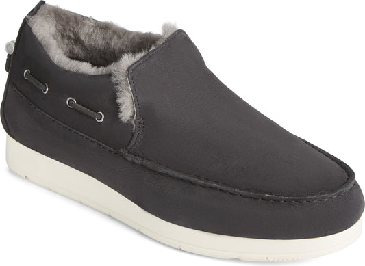 A grey casual slip-on shoe with a white sole and faux fur lining.