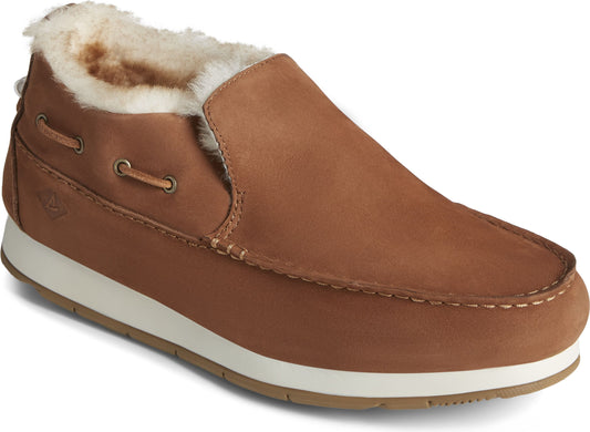 Tan leather slip-on shoe with faux fur lining and white midsole.