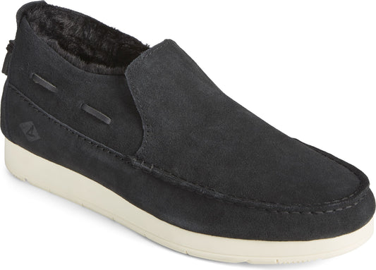 Black slip-on shoe with faux fur lining and white soles.