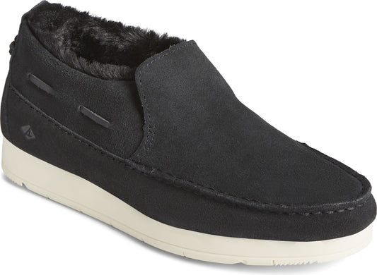 Black slipper with faux fur lining and white sole.