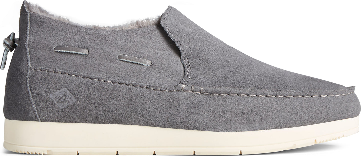 Gray slip-on shoe with suede upper and white sole.