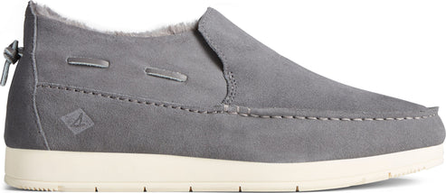Gray slip-on shoe with suede upper and white sole.