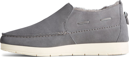 Gray moccasin shoe with white sole.