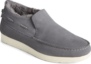 Gray slip-on shoe with a faux fur lining and a thick white sole.