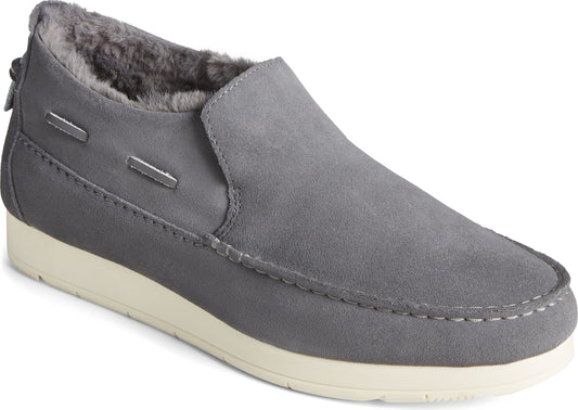 Gray slip-on shoe with a faux fur lining and a thick white sole.