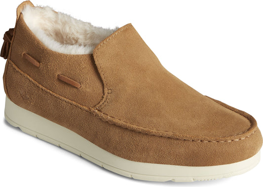 Tan suede slipper with faux fur lining and white sole.