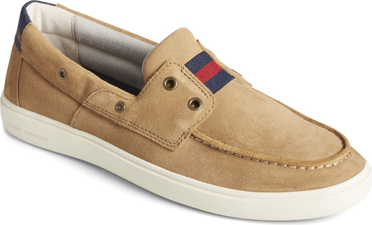 Tan boat shoe slip-on with a navy and red band.
