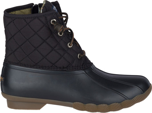 Duck boot in black features a quilted upper with lace-up closure, and lug sole.