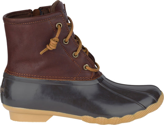 Duck boot featuring a brown leather shaft with laces and a dark grey waterproof shell with a tan rubber sole.