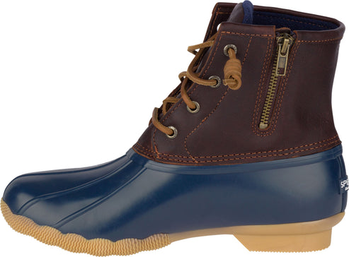Side view of a dark brown and blue duck boot featuring brown laces and a side zipper.