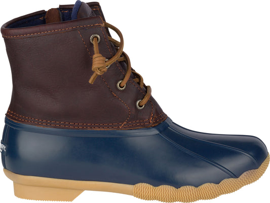 Brown and navy duck boot with laces and rubber sole.