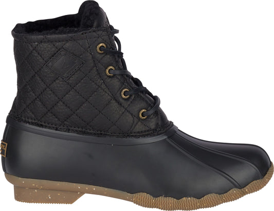 Black quilted, rubber duck boot with brown sole and laces.