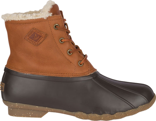 Brown and tan duck boot with shearling lining and lace-up closure.