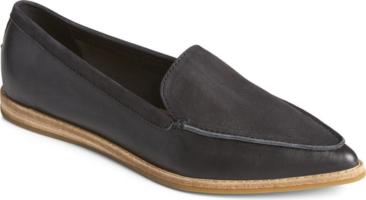 Charcoal-colored leather loafer with a tan sole.