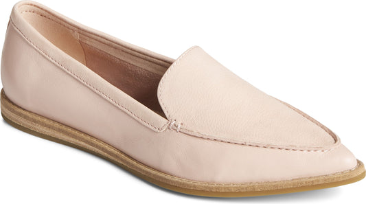Pale pink leather loafer with a low heel.