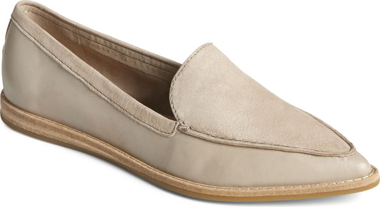 Tan-colored leather loafer shoe with a pointed toe.