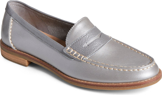 Silver penny loafer with decorative stitching and a low heel.
