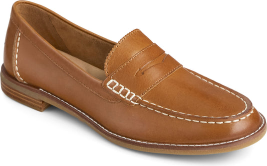 Tan leather loafer with contrasting white stitching.