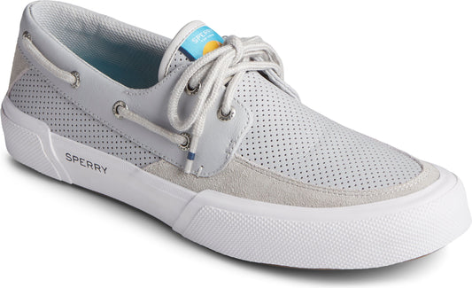 White perforated leather boat shoe with white laces and sole.