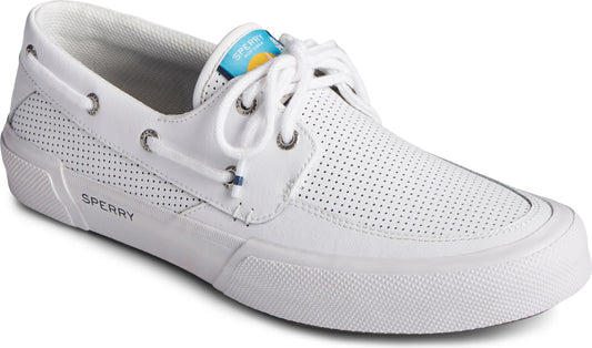 A white, perforated leather boat shoe with white laces and a white rubber sole.