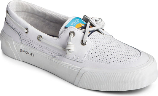 White boat shoe with perforated sides, white laces, and visible text 'SPERRY' on the side.
