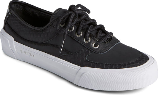 Black sneakers with white sole, laced up.