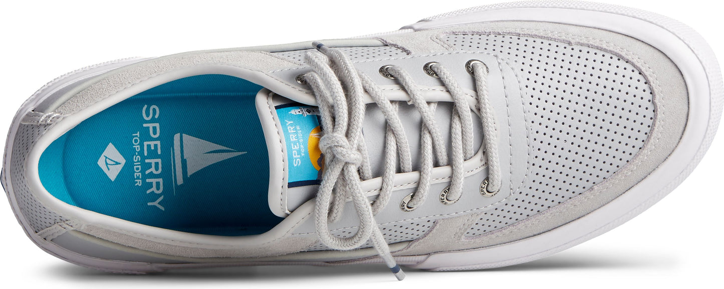 Top-down view of gray Sperry sneaker with laces.
