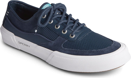 A low profile navy blue sneaker with white sole, laces, and accents.
