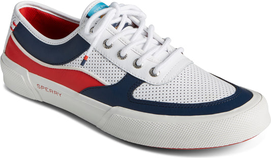 White athletic shoe with red and navy accents, featuring white laces and perforated material.