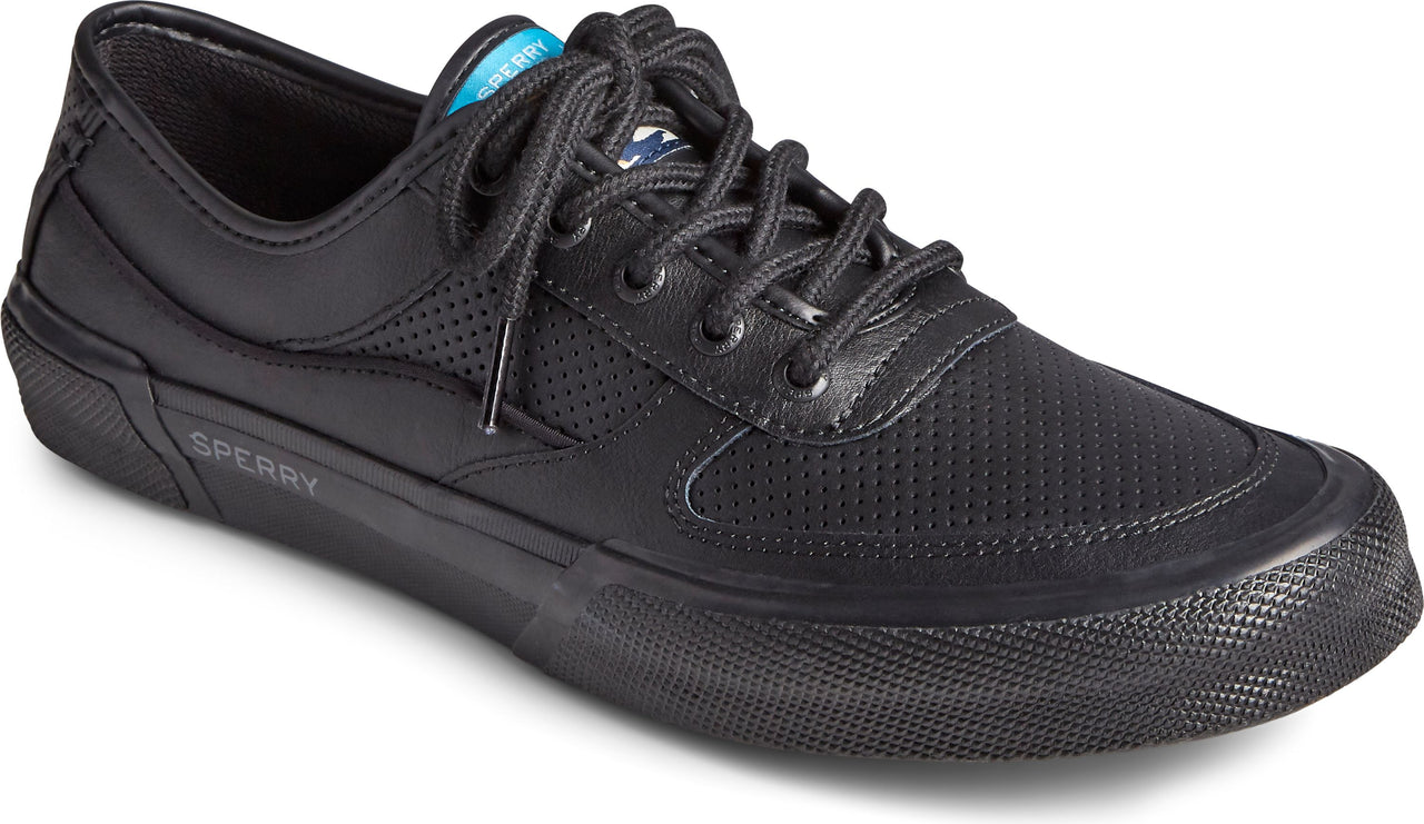 Low-top black sneaker with a lace-up closure and perforated side panel.